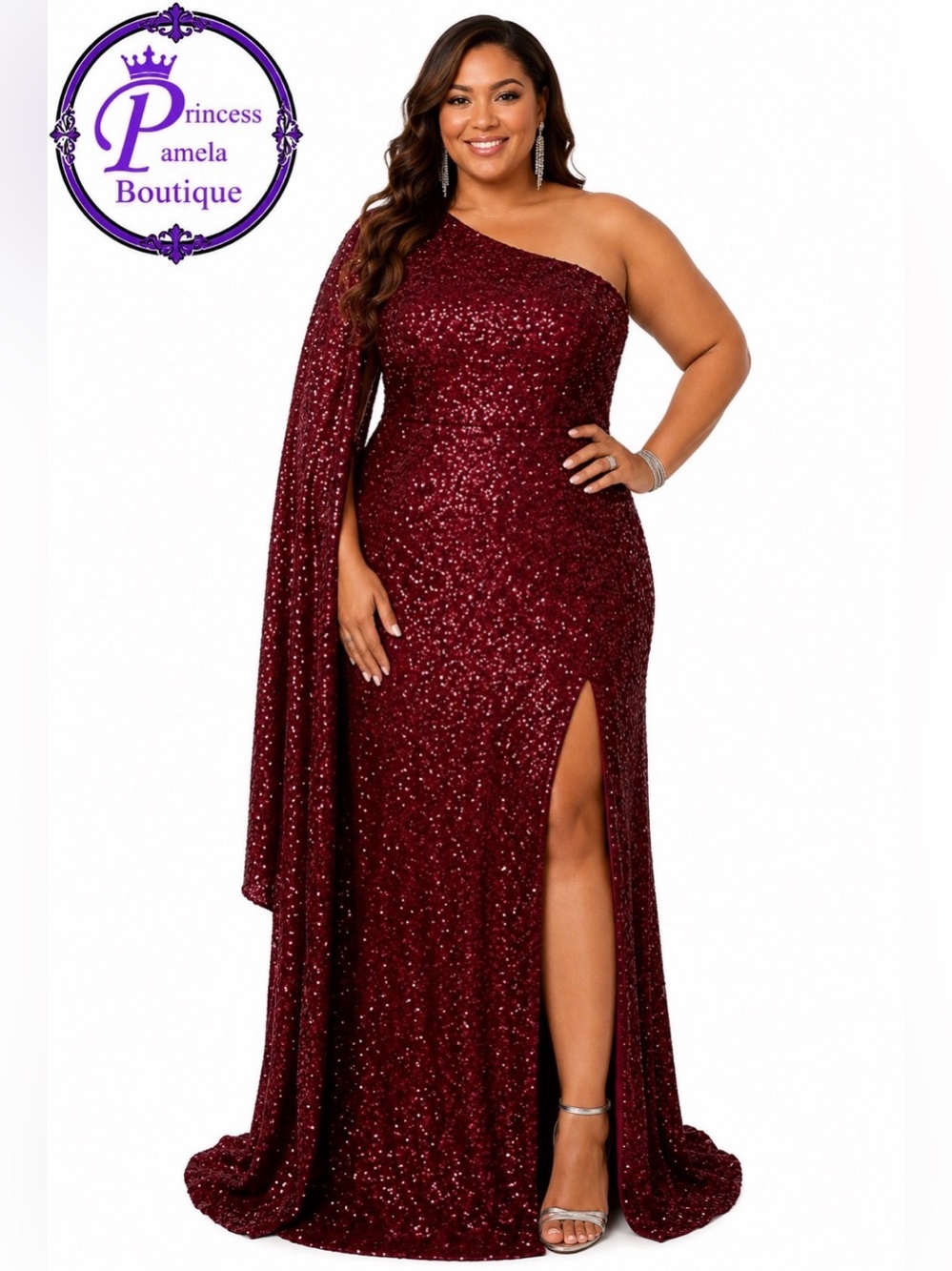 #250 - 14    Burgundy One Shoulder All Over Sequin Gown - Size 5X/24/26